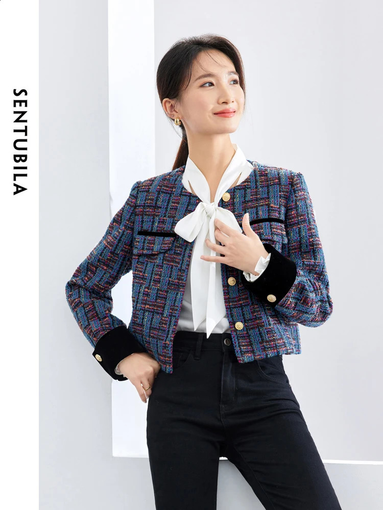 SENTUBILA Vintage Contrast Cropped Tweed Jacket Women Spring Fashion Ladies Contrast Round Neck Short Coat Woman 141W53206 240812