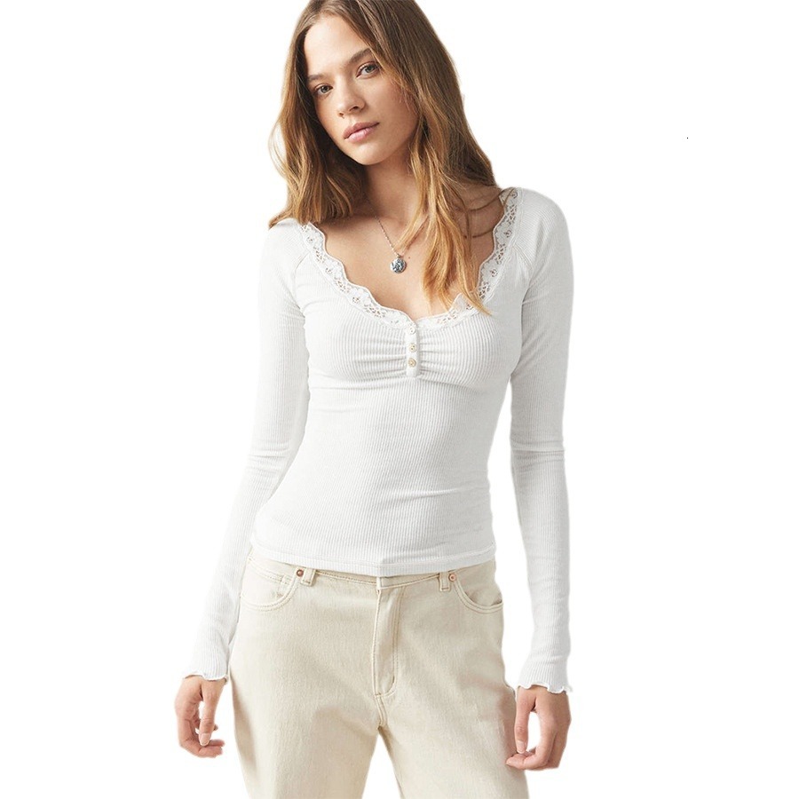 Hot selling women's round neck lace long sleeved solid color T-shirt slim fit button thread versatile inner top for women dongdumaoyi