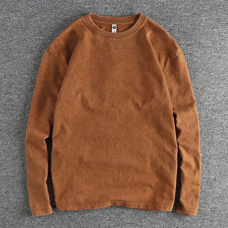 Autumn American Retro 270G Long-sleeved O-neck Heavyweight Solid Color T-shirt Mens Simple 100% Cotton Washed Casual Youth Tops 240812