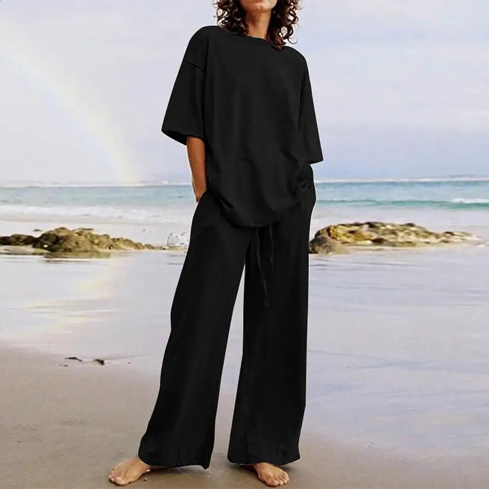 Fashion Women Tracksuit Sets Casual Solid Color Half Sleeve O-neck Pullover Wide Leg Pant Suits Female ensemble jogging femme 240809