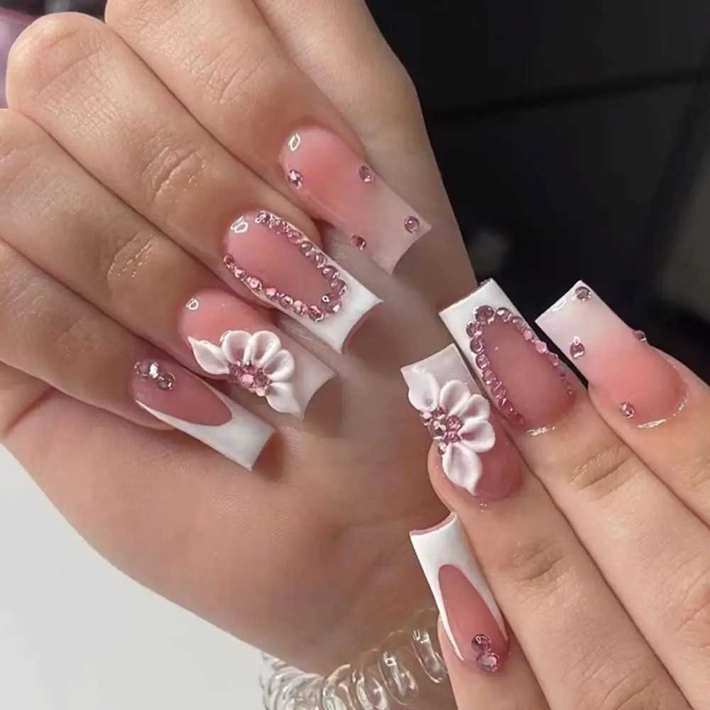 24 pieces/box Gradient Pink Nail Tip Detachable Flash Fake Nail Long Ballet Performer Fake Nail Full Cover Pressing Nail Womens Gift W240810