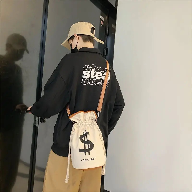 Mens womens Canvas tote bag Causual Crossbody Money Symbol High-capacity Whte Bucket Bags For Traveling Gym Commute Backpack 240812