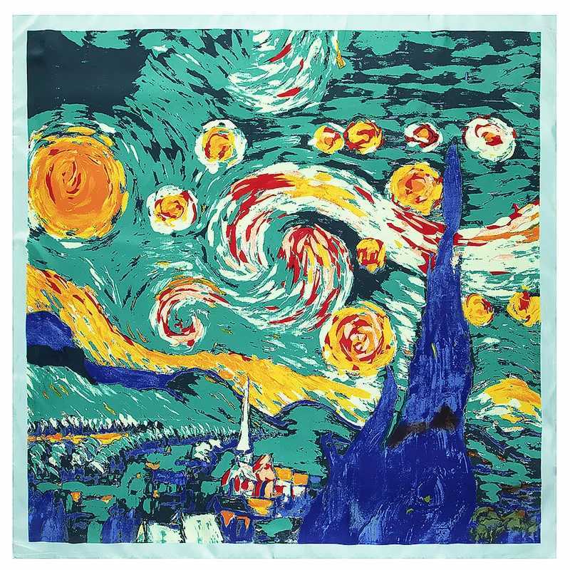 130cm New Van Gogh Starry Sky Oil Painting 2021 Brand Scarf Twill Silk Square Scarf Womens Kerchief Shawl W240810