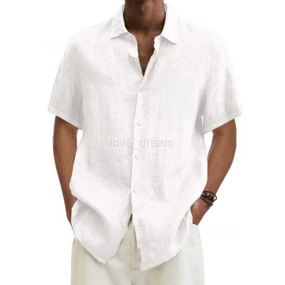 men Cotton Linen Hot Sale Mens Short-Sleeved Shirts Summer Solid Color Turn-down collar Casual Beach Style Plus Size topsXJ240812