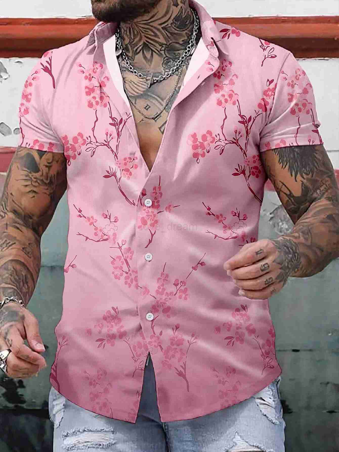 Hawaiian Shirt For Men peach blossom 3D Printed Plant Short Sleeves Tops Summer Lapel Oversized Shirts Street Button BlousesXJ240812