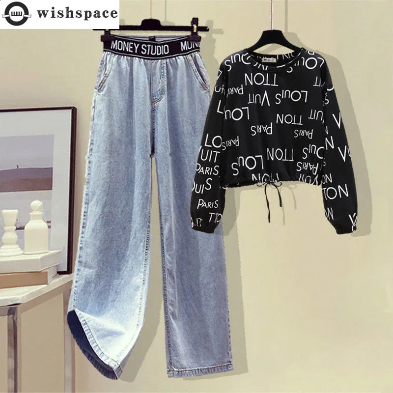 Autumn Letter Print Lace Up T-shirt High Waist and Wide Leg Jeans Two-piece Set Elegant Womens Pants Set Female Tracksuit 240812