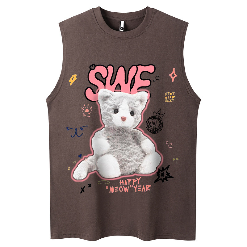 Mens Cool Pink Doll Printed Sleeveless Tank Top with Drop Feel Loose American Bottom Shirt