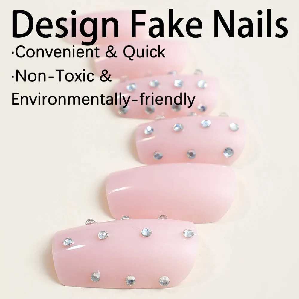 24 pieces of fake long French ballet nails set with diamonds fake nail press rhinestone artificial nails W240810