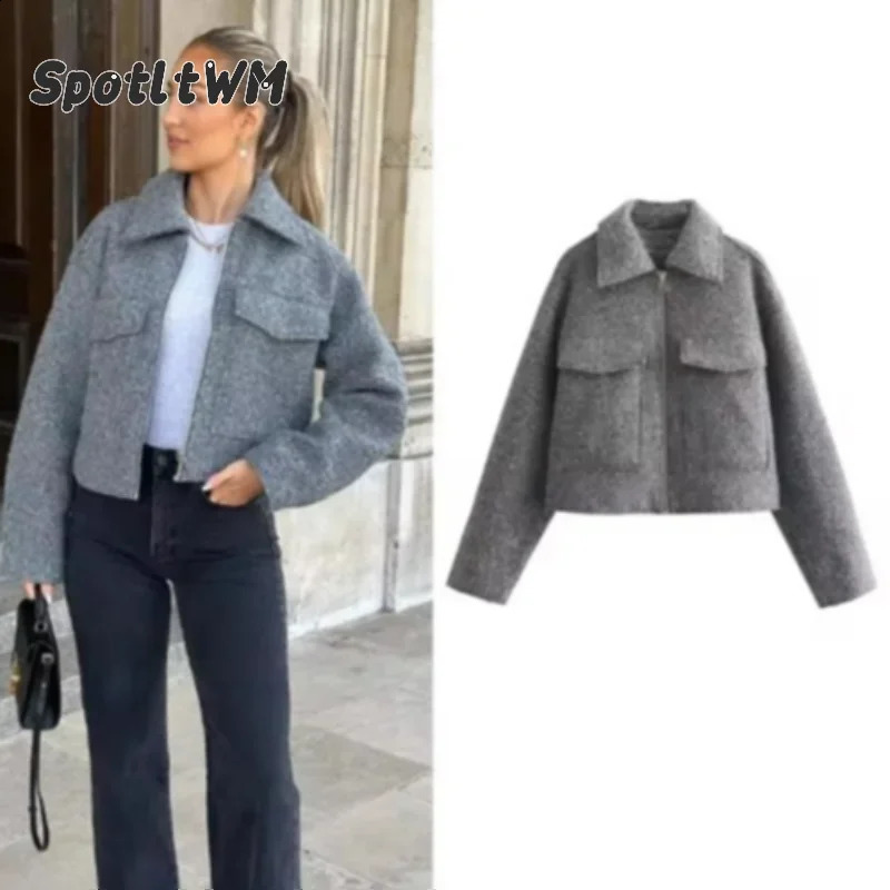 Womens solid pilot jacket with pockets front zipper lapel short bomber autumn winter casual cut 240808