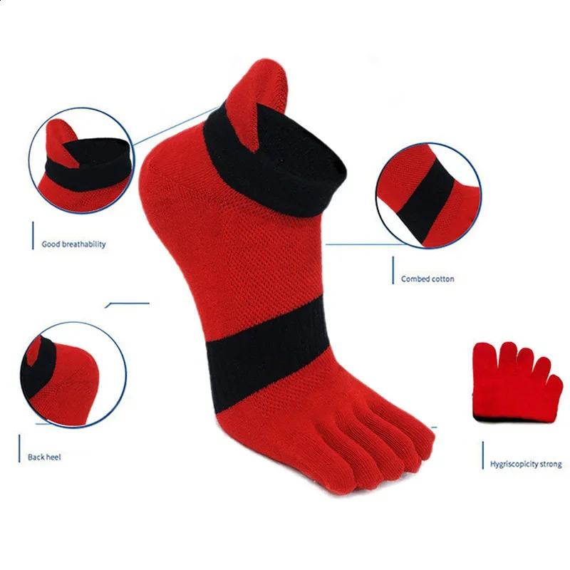 5 Pairs Large Size 5 Finger Socks Ankle Sport Cotton Mens Striped Mesh Breathable Shaping Anti Friction No Show Toes Socks 240812