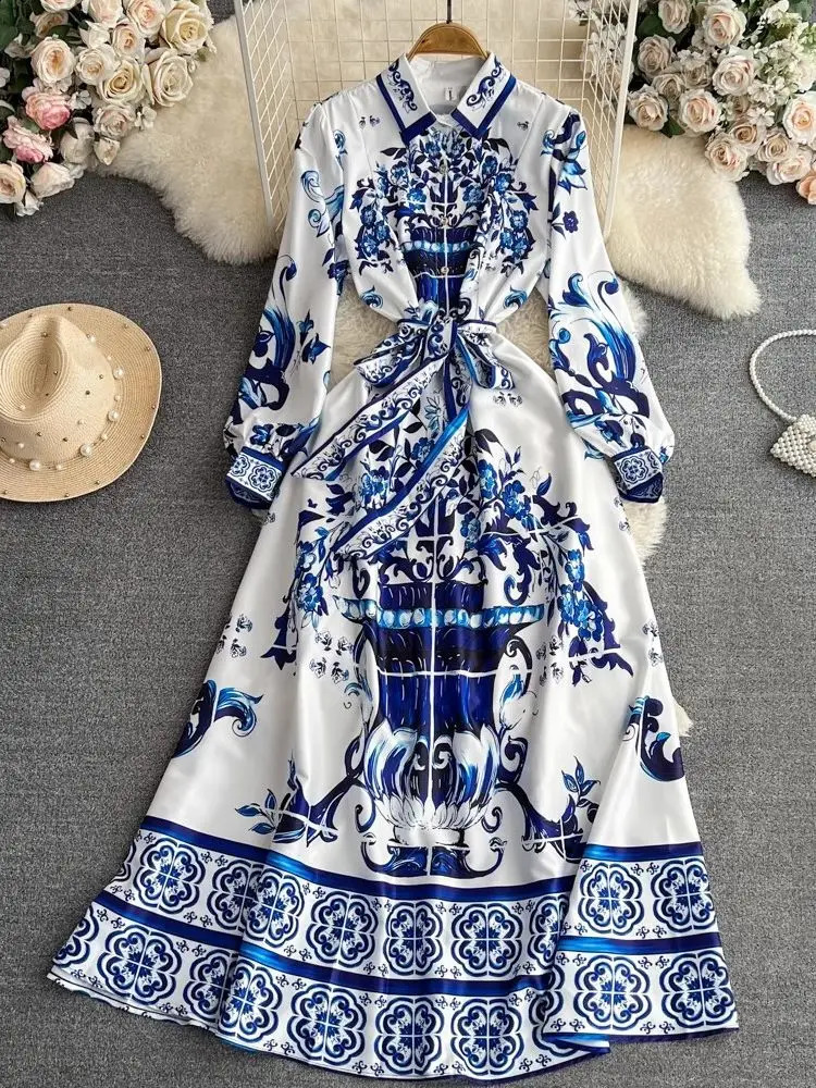 Autumn Fashion Blue And White Porcelain Vinatge Dress Women Clothing Lapel Collar Single Breasted Lace Up Holiday Maxi Vestidos 240812