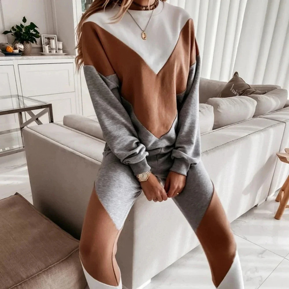 Casual Women Winter Autumn Sport Suits Tracksuits Splicing Femme Two Piece Sets Sweatshirt Top Loose Long Pants Jogging Suits 240812