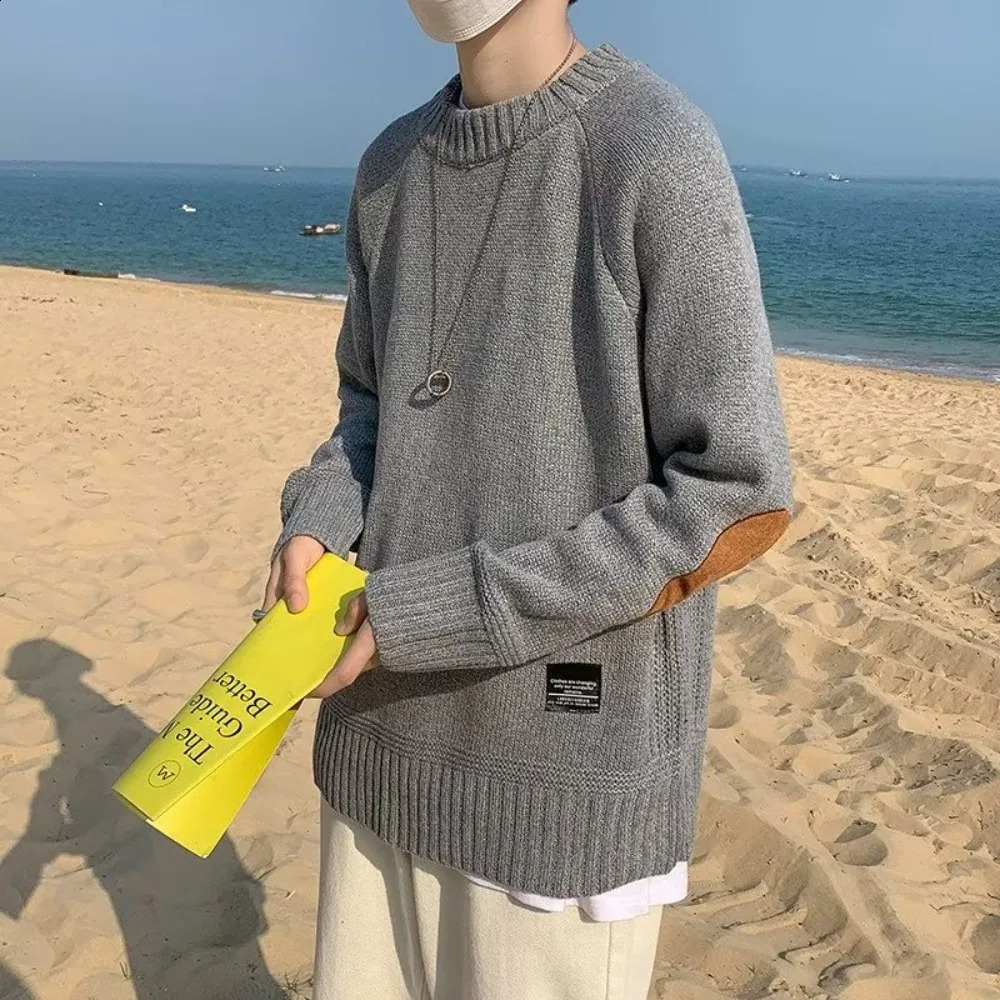Mens Casual Pullobers Color Blocking Winter Warm Sweater Fashion Loose Harajuku Lapled Round Neck Sweaters for Men 240809