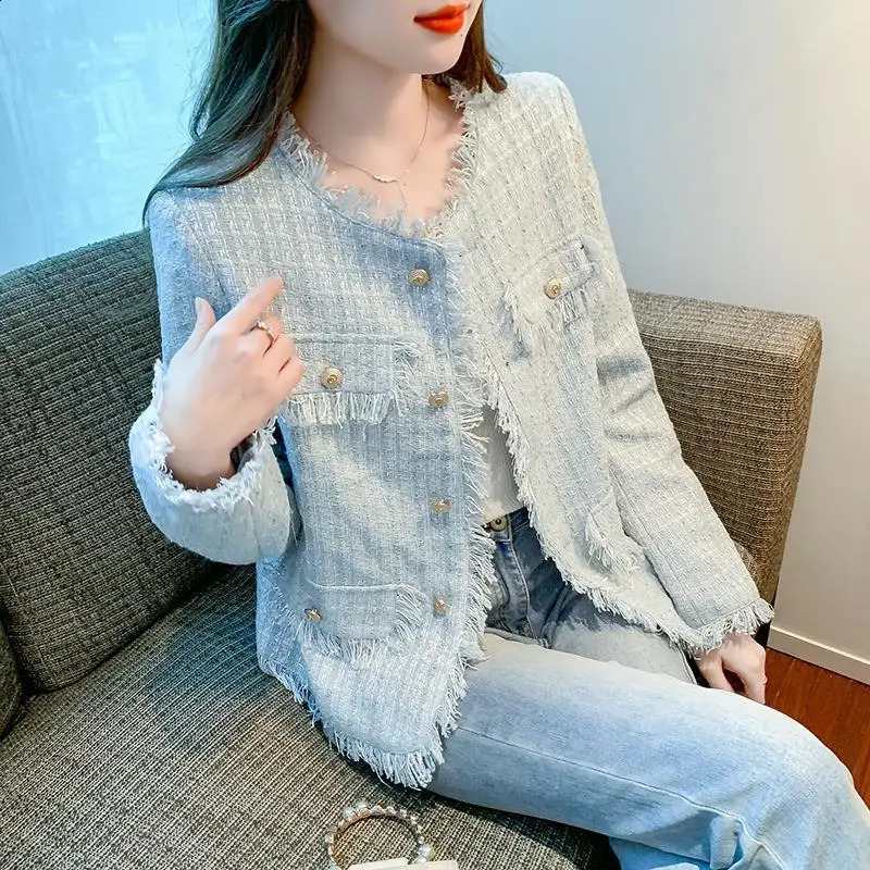 Light blue tweed tassel short jacket spring and autumn womens clothing jacket 240812
