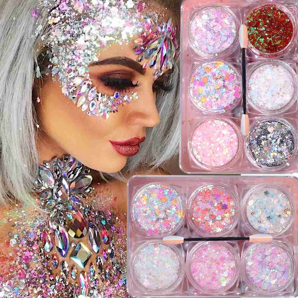 6 cans of glitter cream gel eye shadow glitter sequins star/heart/butterfly hexagonal palette sequins DIY body face glitter sequins W240812