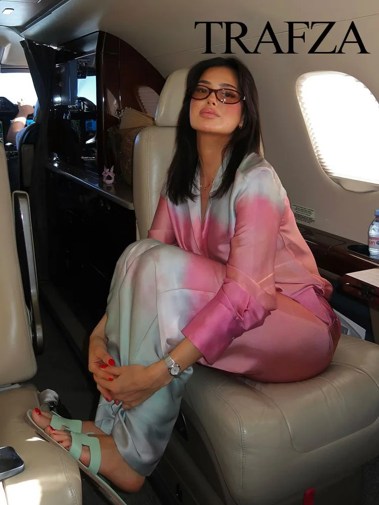 TRAFZA Women Summer Tie Dye 2-Piece Set Vintage Turn Down Collar ShirtHigh Waist Gradient Pockets Zipper Casual Wide Leg Pant 240812