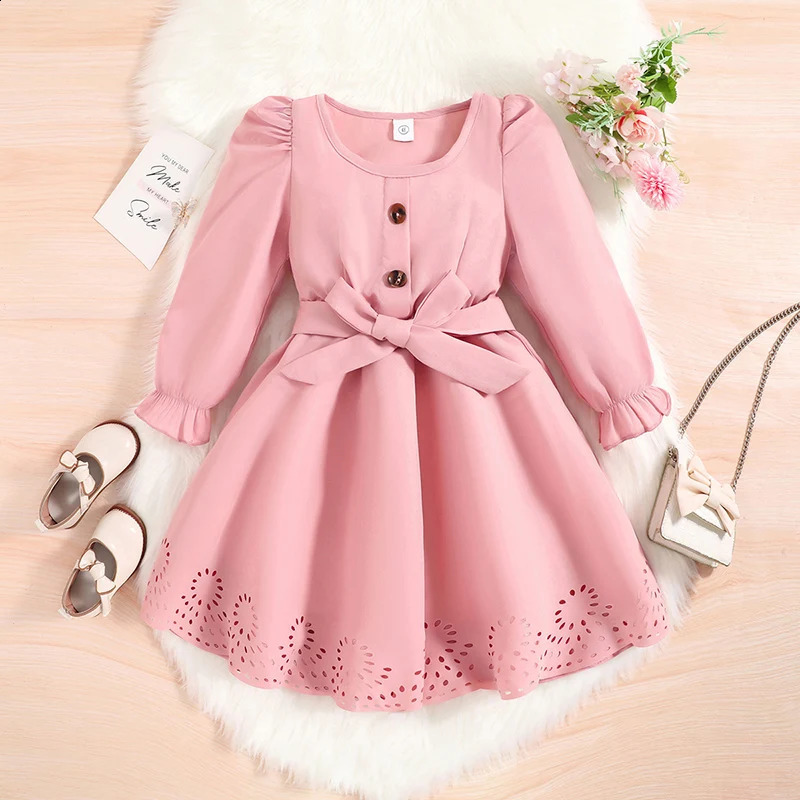 Autumn Dress Kids Girls 4-7 Years Little Girls Long-Sleeved Dress With Pink Hemline Burned Flower Elegant Princess Dress 240809
