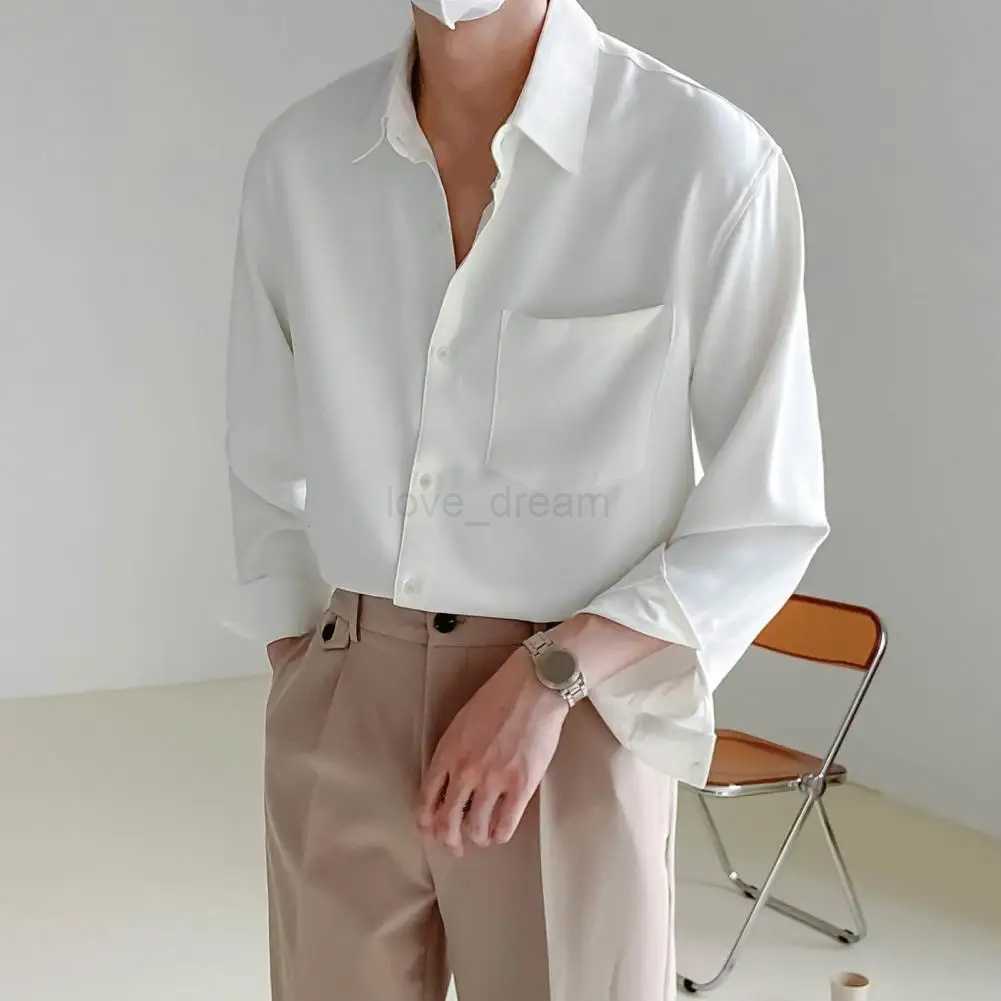 Casual Men Lapel Long Sleeve Single-breasted Patch Pocket Draped Men Shirt Slim Fit Solid Color Business Dress Shirt TopXJ240812