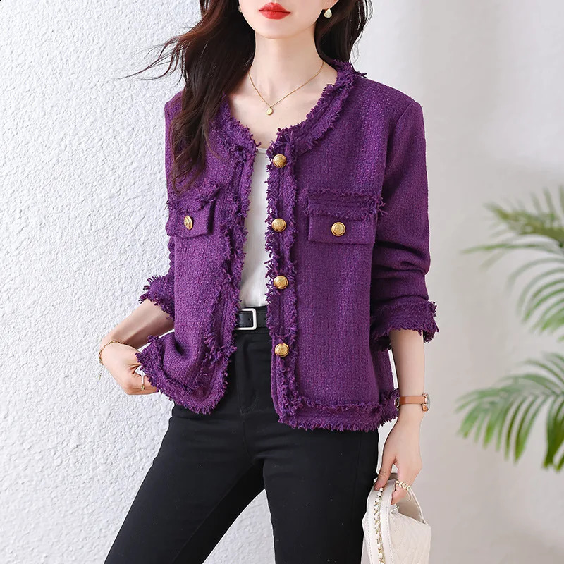 Purple long sleeved tweed womens coat autumn/winter tassel temperament small fragrant style top 240812