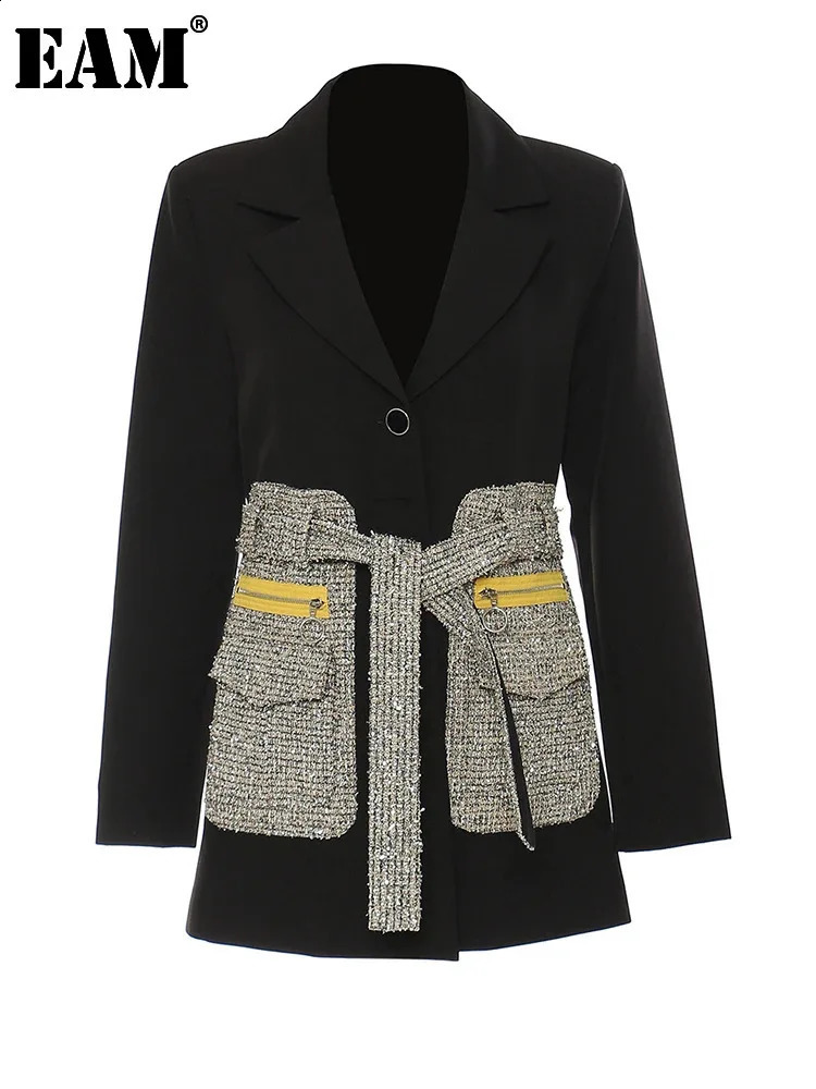 EAM Black Tweed Pocket Elegant Long Blazer Women Lapel Long Sleeve Loose Fit Jacket Fashion Spring Autumn 1DE9891 240812