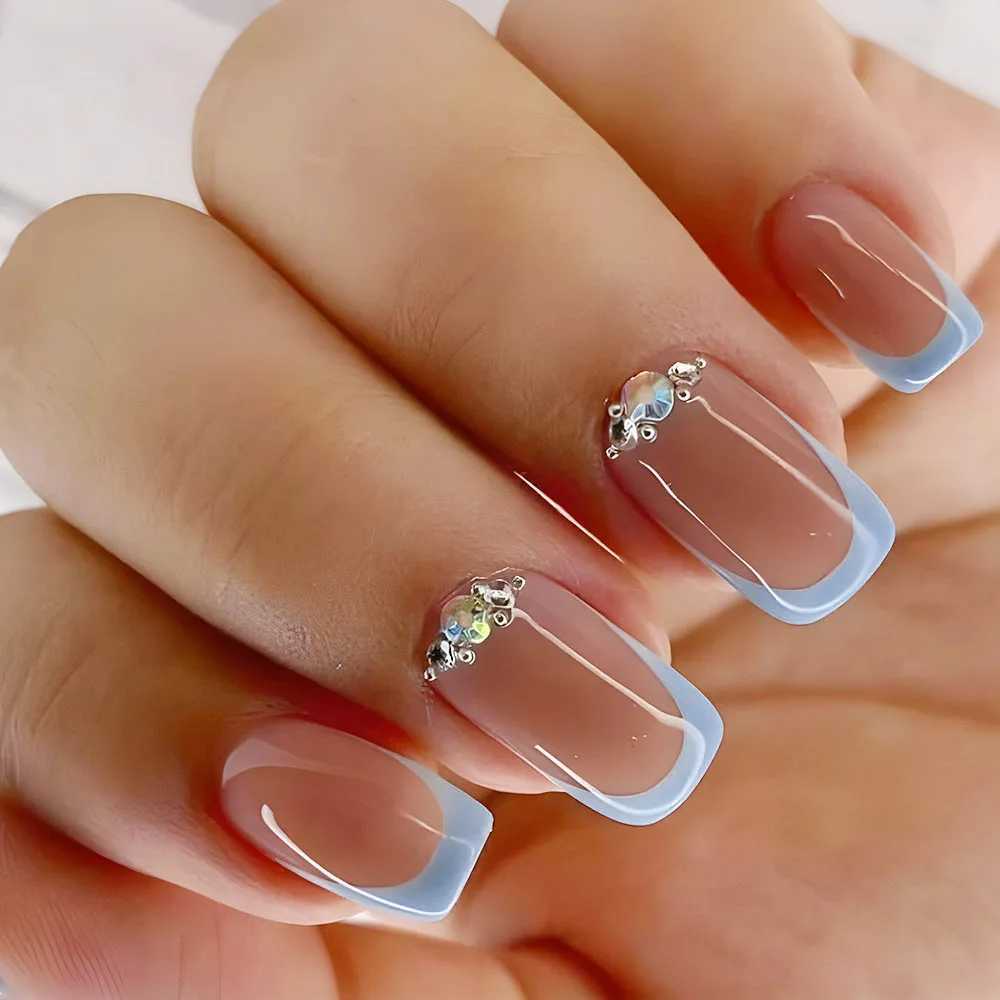 Y2K 24 Pcs Medium Square Press On Nails Pink And Blue French Style False Nails With Rhinestone Shiny Reusable For WomenXJ250110