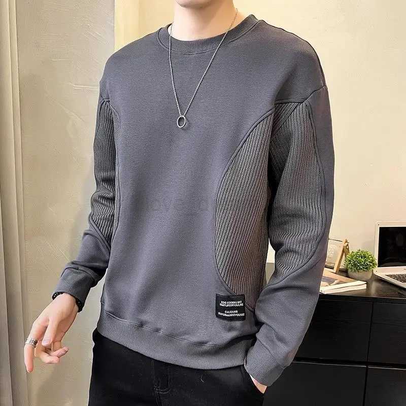 Trendy Korean Spring Autumn Mens 2024 New Spliced Pullover O-Neck Screw Thread Solid Color Loose Casual Long Sleeve SweatshirtsXJ240812