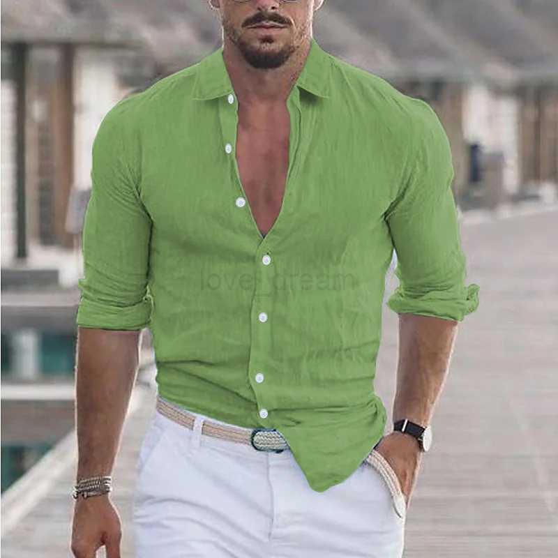 Mens Summer Cotton And Linen Loose Lapel Beach Shirt Casual Lazy Long Sleeve Solid Color Hawaiian Campfire Holiday WearXJ240812