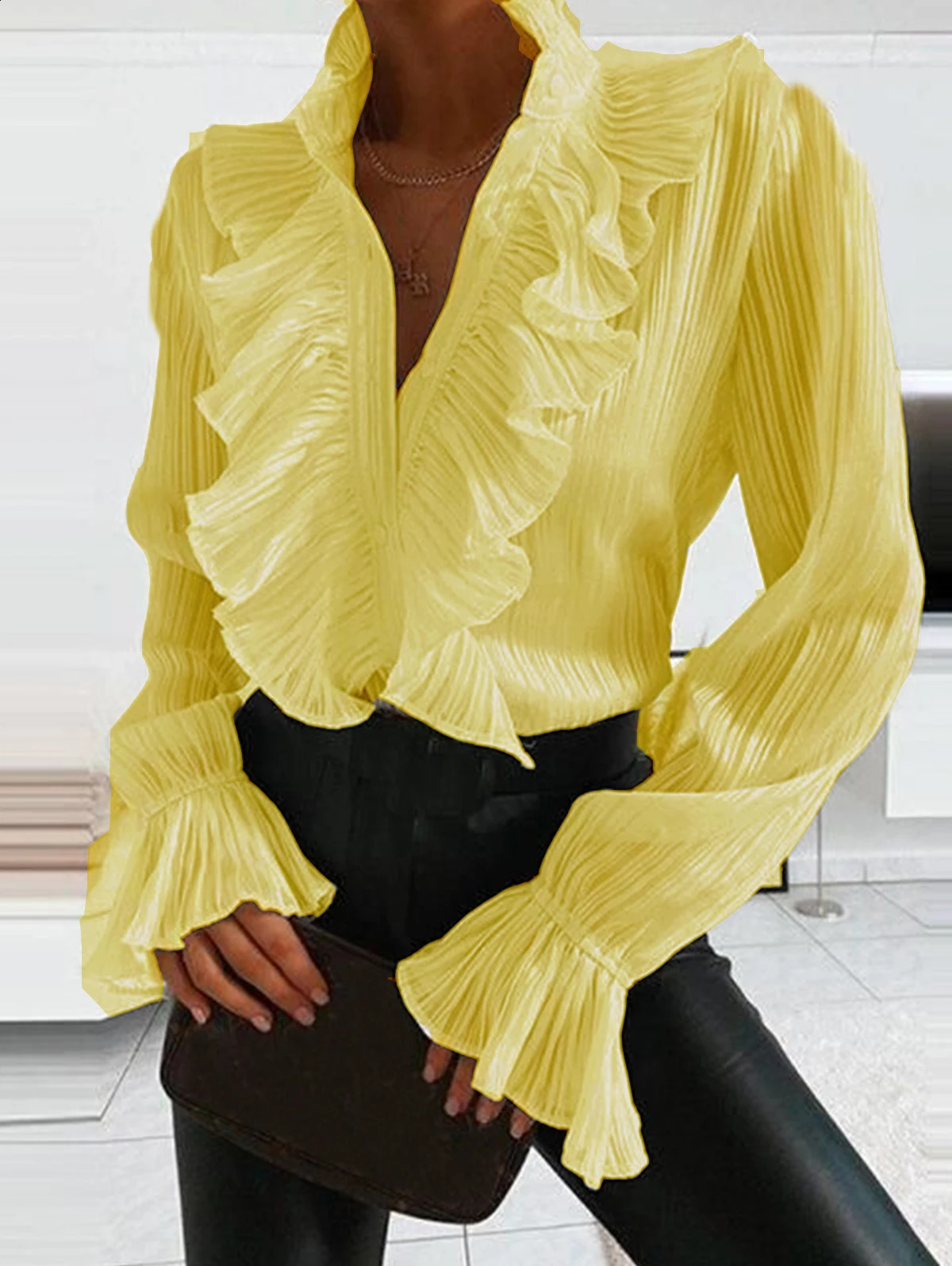 Denim Ruffled Long Sleeve Button Shirt Blouse Summer Sexy V Neck Pleated Chiffon Blouses Spring Elegant Office Lady Tops Blusa o240812