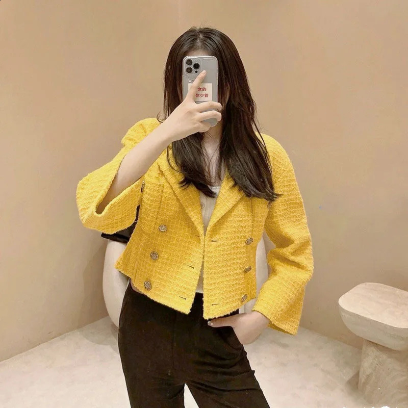 Womens Autumn Fashion Loose Cardigan Yellow Retro Tweed Short Suit Jacket Ladies Double Button Blazers 240812