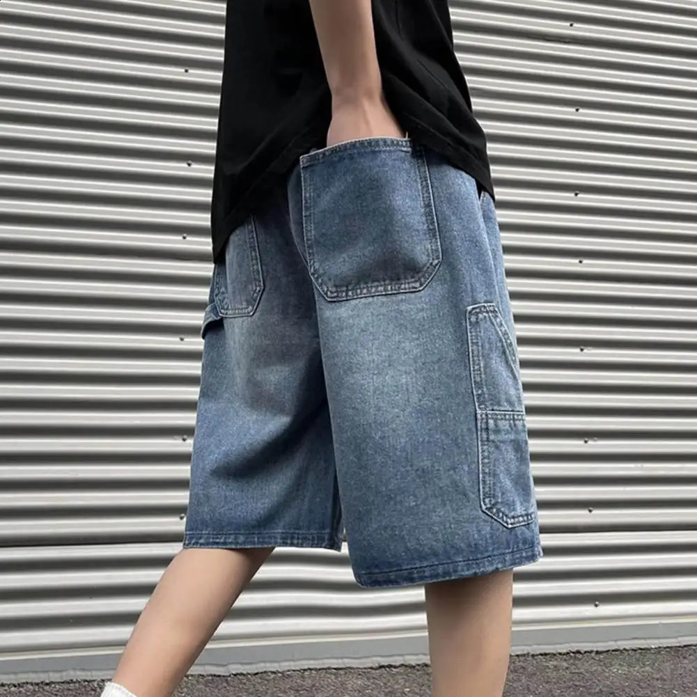 Plus Size Men Denim Shorts Elastic Drawstring Waist Straight Wide Leg Shorts Solid Color Beach Shorts Summer 240812