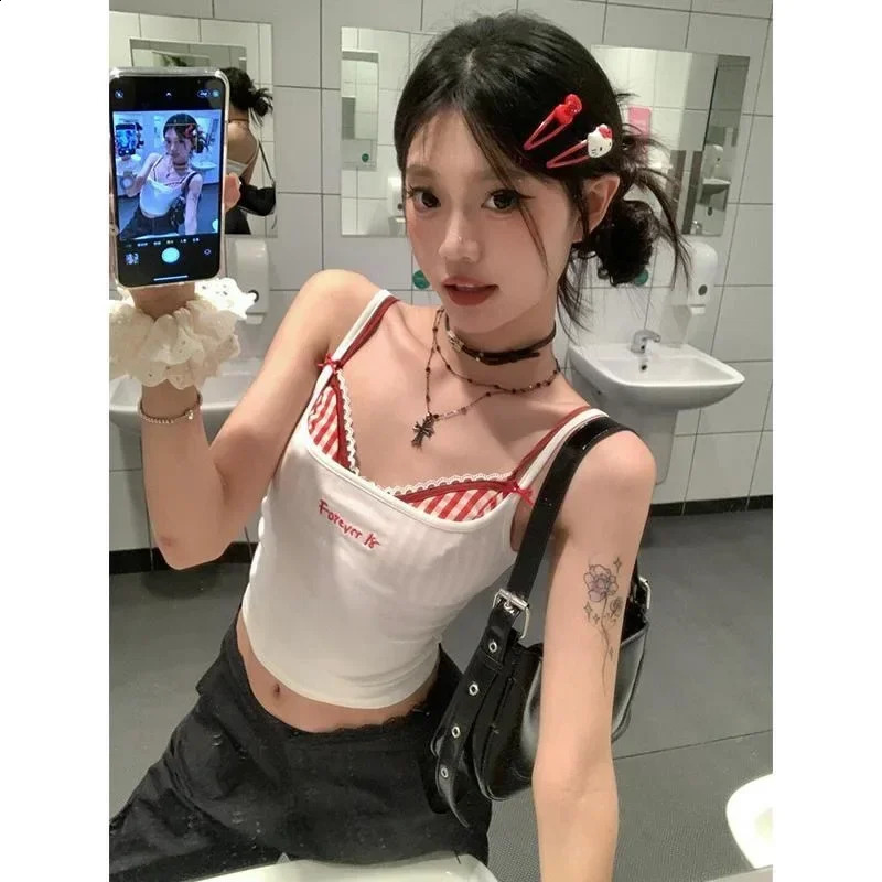 Summer Y2k Top Women Sexys Camis Crop Top with Cups Womens Sleeveless Bra Tank Tops 2000s Female Lace Plaid Corset Korean Style 240812