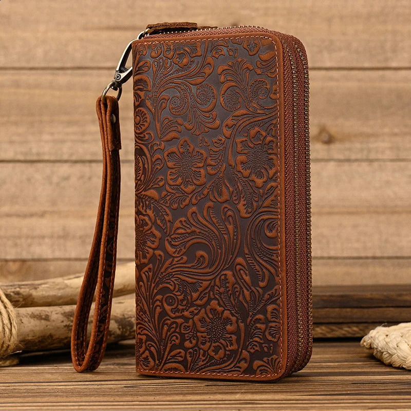 Original leather mens wallet old card holder long and retro 240810