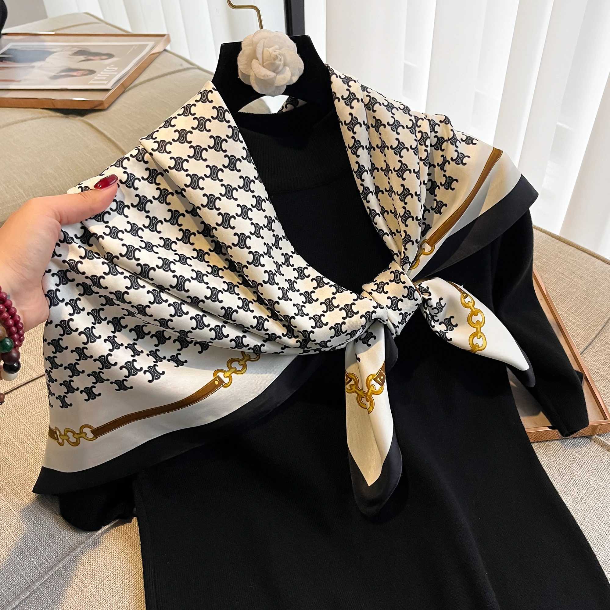 New fashion printed twill silk scarf womens headscarf Muslim headband 90cm square Bandana fountain summer shawl beach Stoles Echape W240810