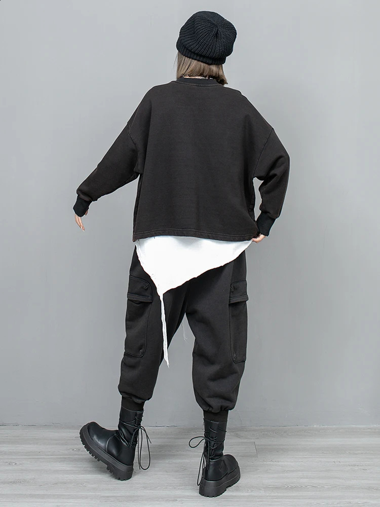 Spring Autumn Big Pocket Round Neck Long Sleeved Hoodie Small Leg Haren Pants Two-piece Set Women LX768 240812