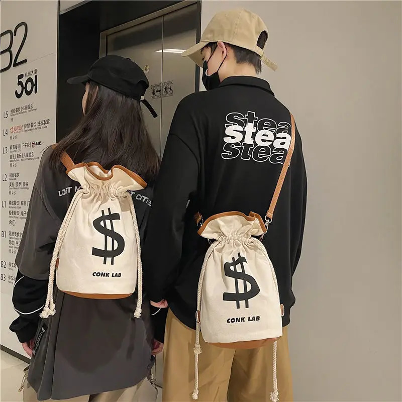 Mens womens Canvas tote bag Causual Crossbody Money Symbol High-capacity Whte Bucket Bags For Traveling Gym Commute Backpack 240812