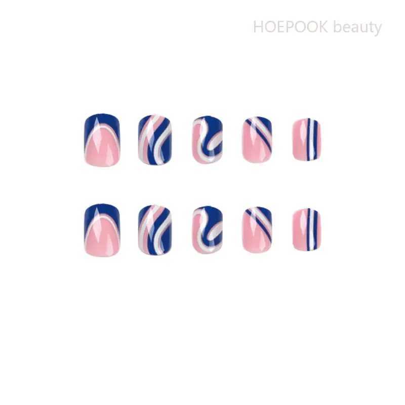 24 pieces of French blue and white shortwave T-shaped coffin fake nails with glue fully covered fake nails artistic seamless detachable nails W240810