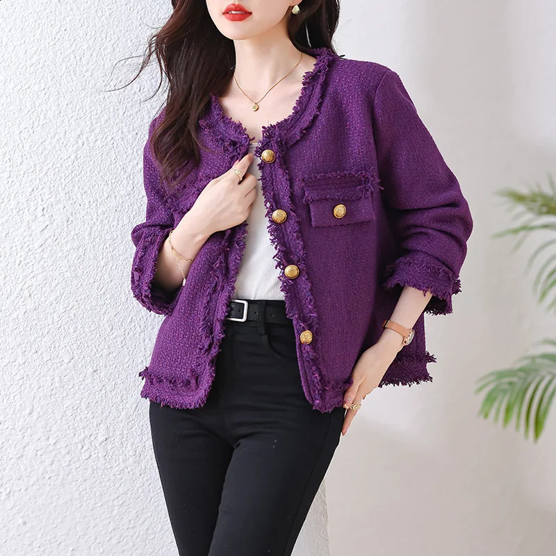 Purple long sleeved tweed womens coat autumn/winter tassel temperament small fragrant style top 240812