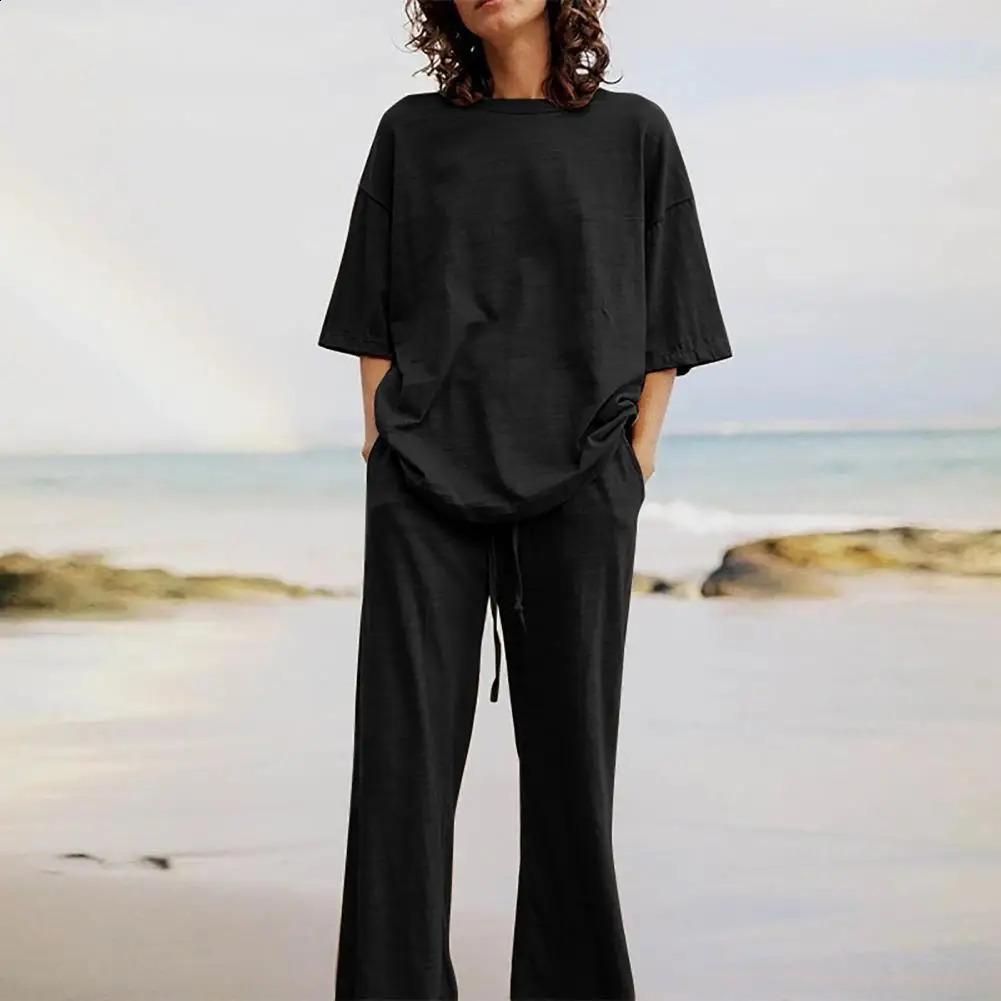 Fashion Women Tracksuit Sets Casual Solid Color Half Sleeve O-neck Pullover Wide Leg Pant Suits Female ensemble jogging femme 240809