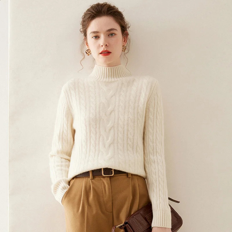 100% Pure Cashmere Sweater Womens Half Turtleneck Pullover Three Strands Full Body Twist Thick Knit Bottom Loose Coat Sweater 240812