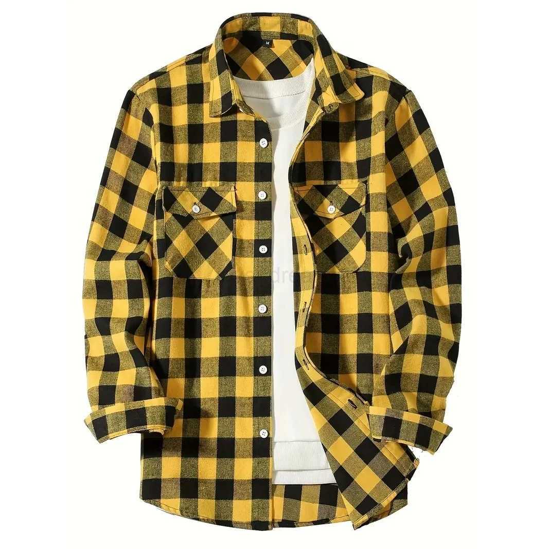 Mens Shirts Button-Up Classic Plaid Smart Casual Flannel Shirt Long Sleeved Chest Two Pockets Design Spring Autumn Men TopsXJ240812