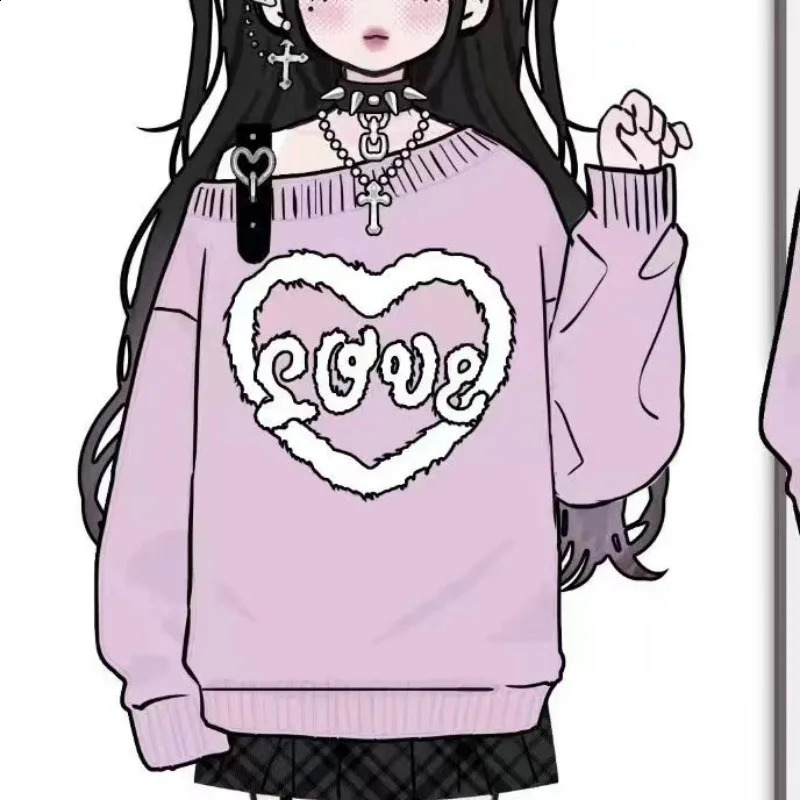 Grey Women Pullovers Sweaters Casaul Off The Shoulder Casual Harajuku Gothic Punk Jumpers Lloose Y2k Japanese Sweater 240812
