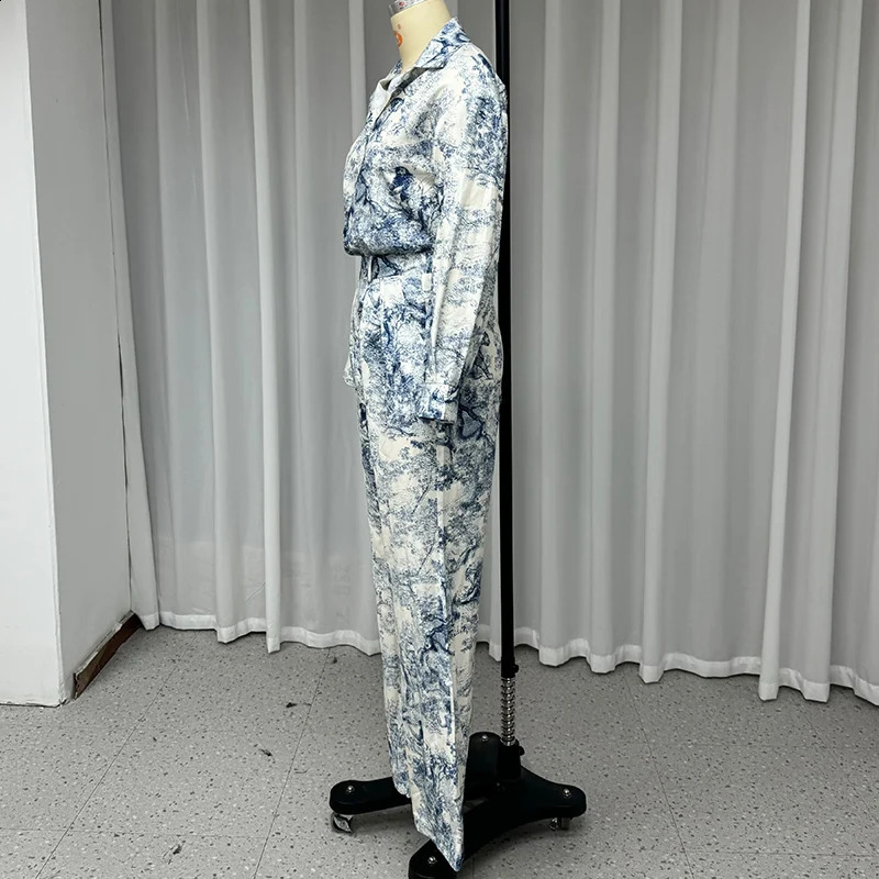 Wefads 2 Piece Set Women Casual Long Sleeve Lapel Printed Single Breasted Button Shirt Top Loose Wide Legs Pants Sets Streetwear 240812