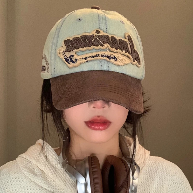 American Retro Splicing Baseball Hat Womens Display Face Spring Summer Outdoor Sunscreen Casual Fashion Stickers Mens 240812