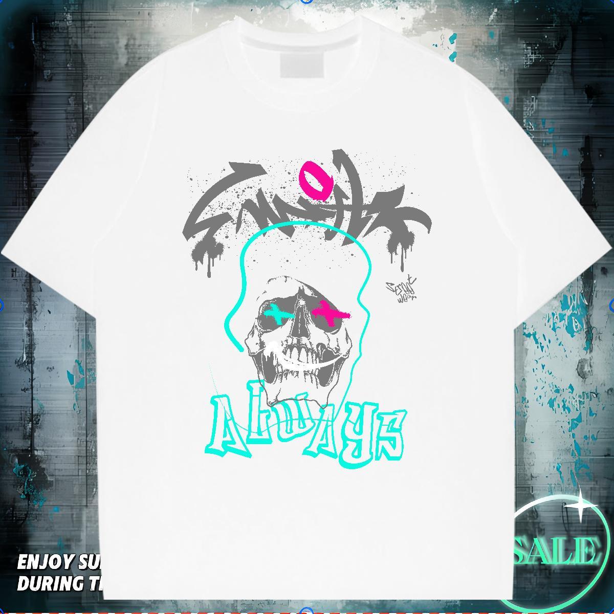 Classic T-Shirts for Men skull Tees Shirts 230g Pure Cotton High Street Hip Hop Popular DIY Logo Oversized Round Neck Short Sleeve Tshirt for Man Woma