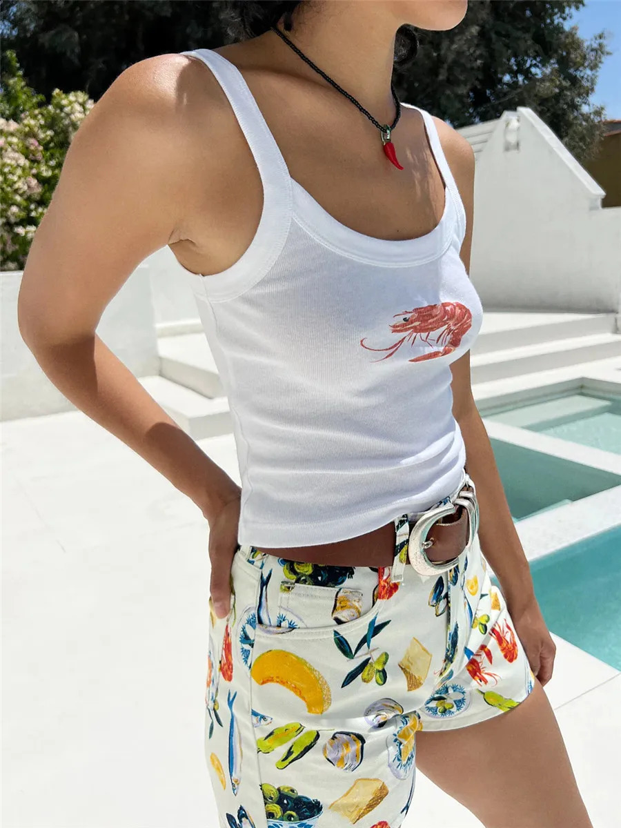 Womens Ribbed Crop Tank Tops Summer Slim Fit Scoop Neck Sleeveless Print Camis Vest Female Basic Sling Tops Club Streetwear Y2K 240812