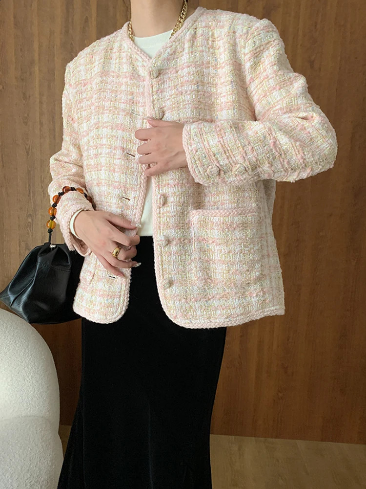 LANMREM Tweed Round Neck Blazer For Women Single Breasted Long Sleeve Office Lady Loose Jackets Autumn 26D9827 240812
