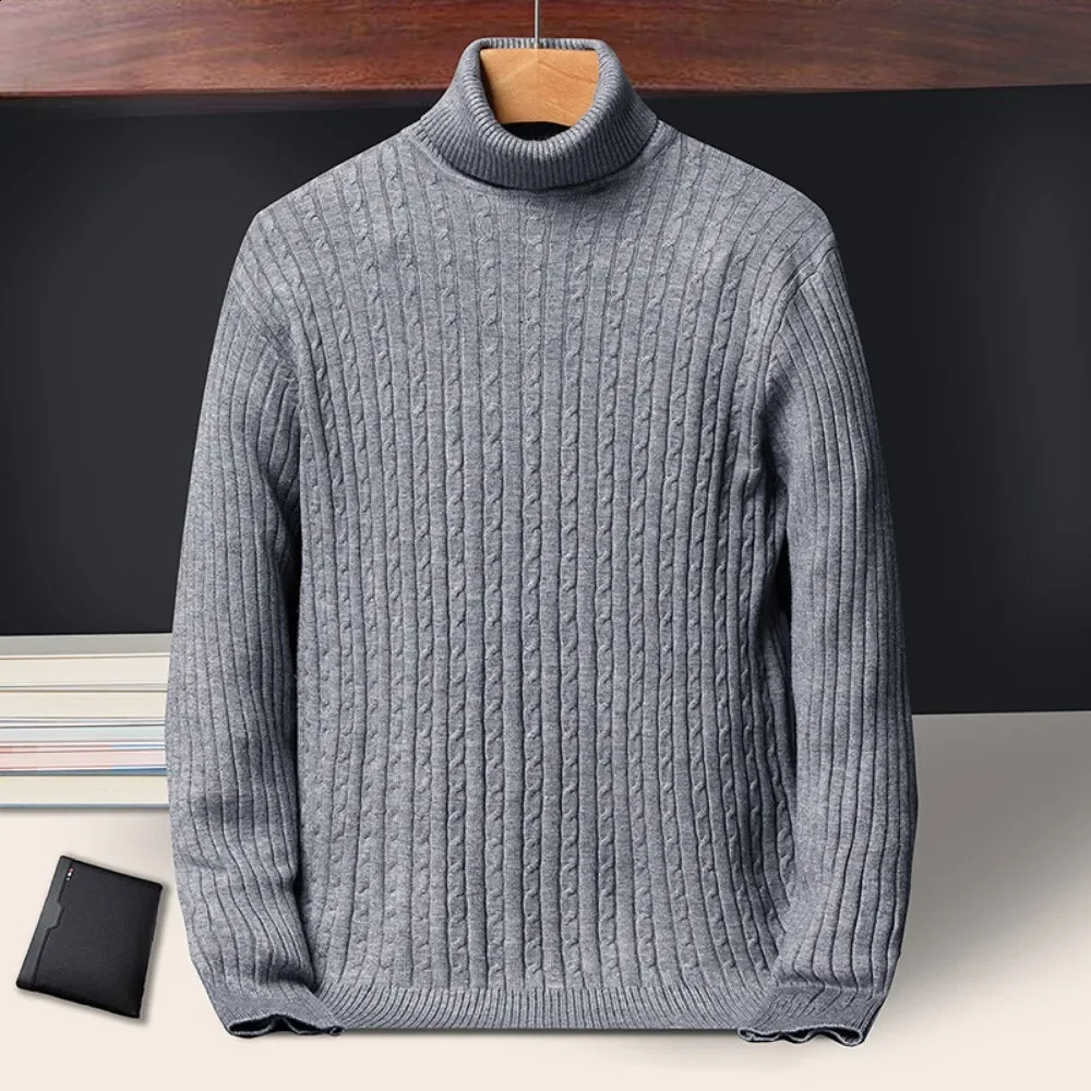 Mens Turtleneck Sweaters Autumn Knitted Striped Streetwear Warm Long Sleeved Pullover Solid Color Basic Style Casual Tops 240809
