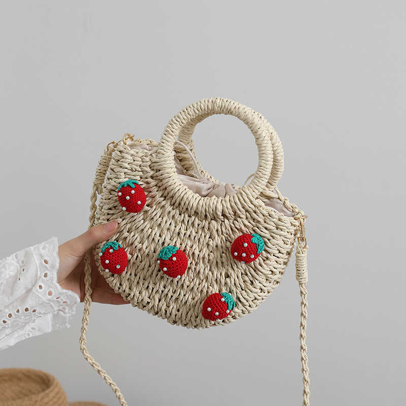 CMM New Cute Cherry Fresh Straw Woven Bag Handheld Woven Bag Strawberry Crossbody Bag Holiday Beach Bag
