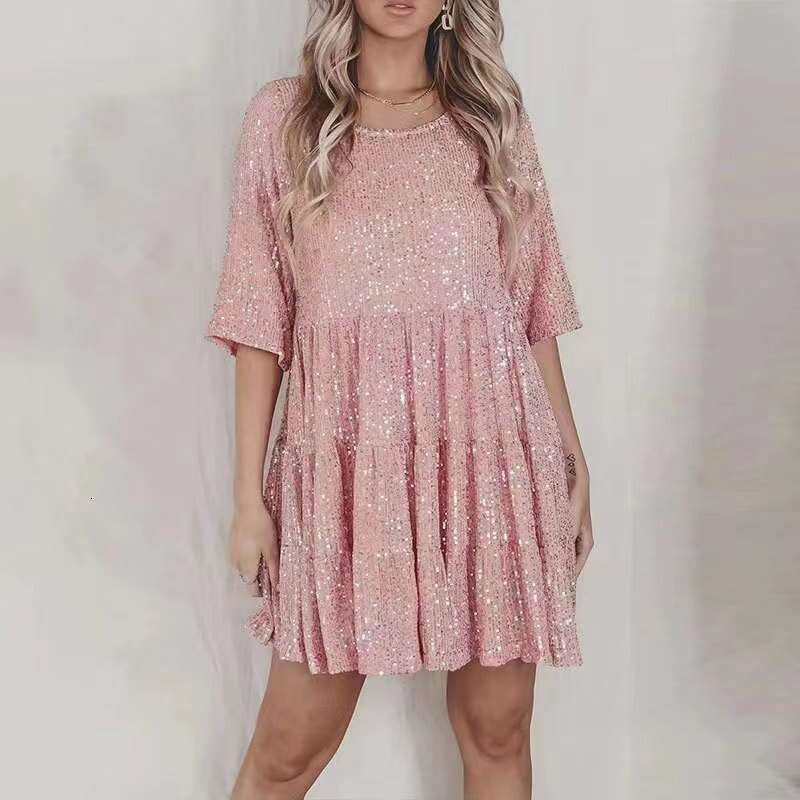 New Fashion Sequin Round Neck Loose Waist Sleeve Short Banquet Dress Waist Self-cultivation Bifurcated Novelty Temperament Lace Dress Silk Dress