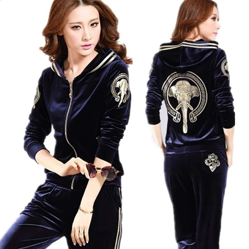 Velvet Tracksuit Women Two Piece Pants Set Sportswear Spring Fall Casual Zipper Hoodies JacketPants Jogging Suit Chandals 240812
